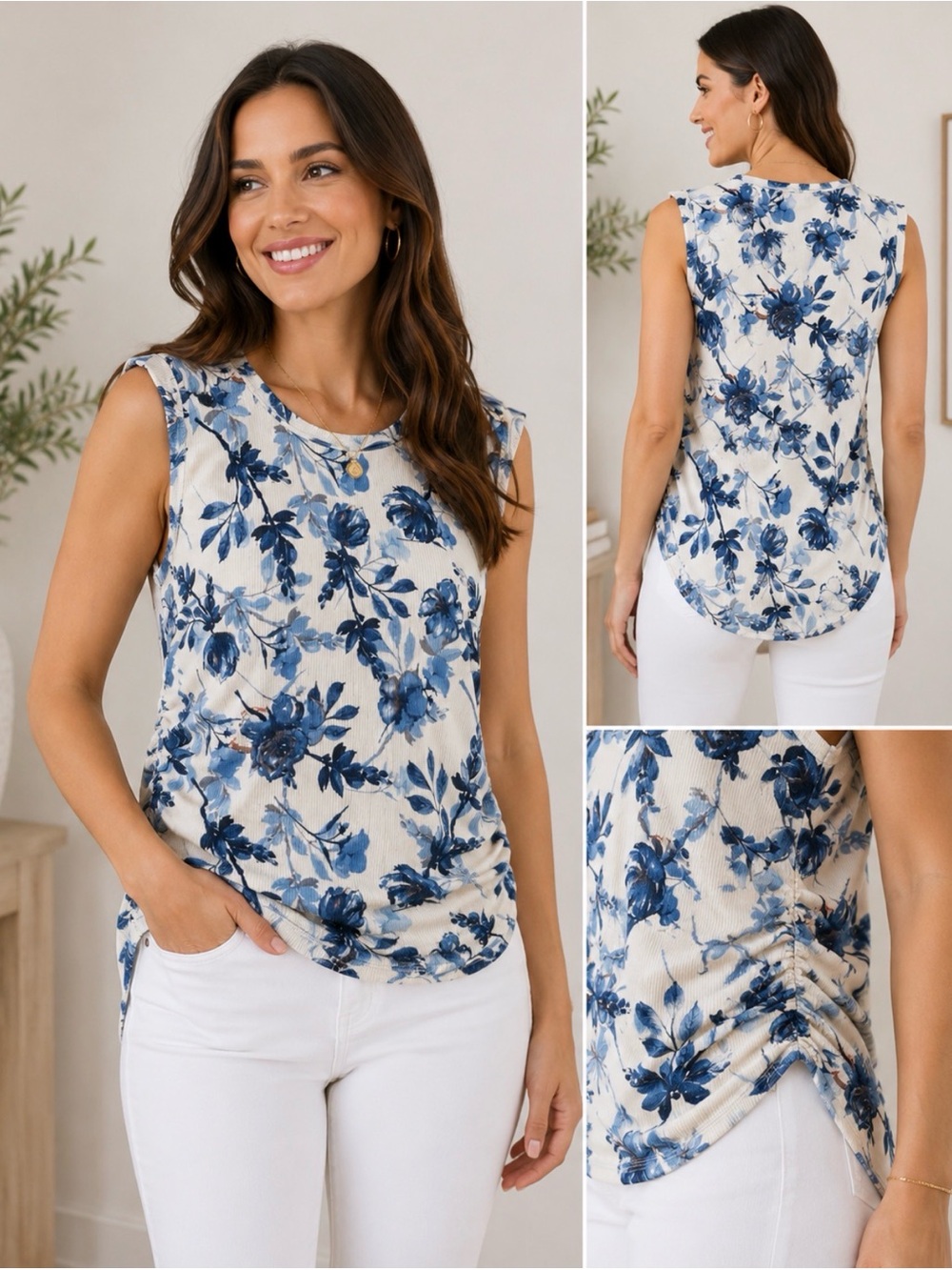 Rachel Roy Blue Floral Sleeveless Ribbed Top Size M Ruched Sides